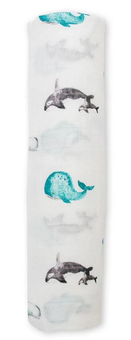 Lulujo Whales Bamboo Cotton Muslin Swaddle Blanket