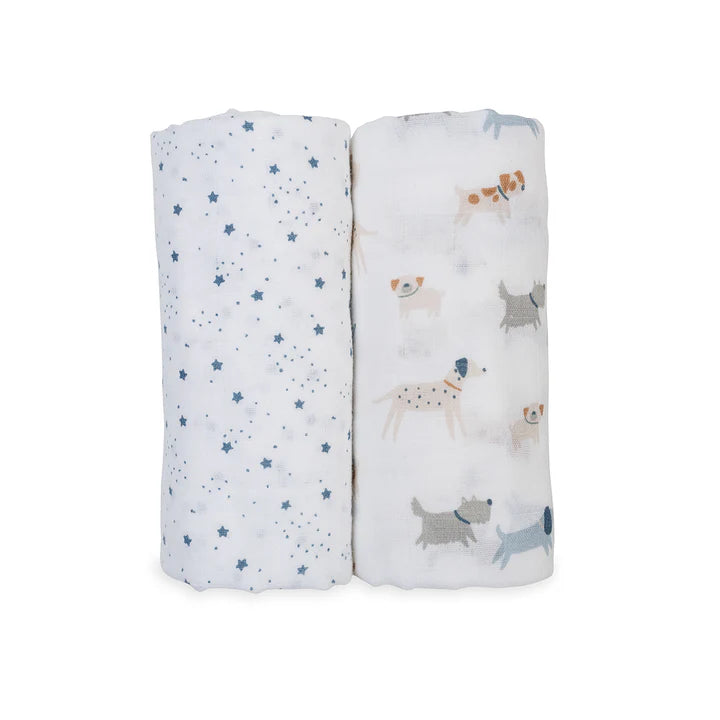 Lulujo Puppy & Stars 2 Pack Cotton Muslin Swaddle Blankets