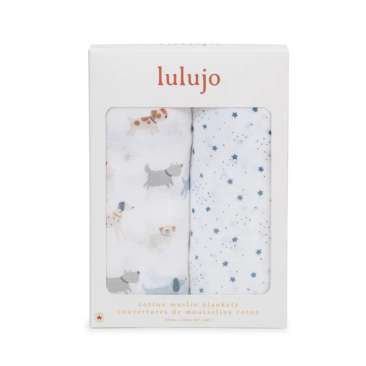 Lulujo Puppy & Stars 2 Pack Cotton Muslin Swaddle Blankets