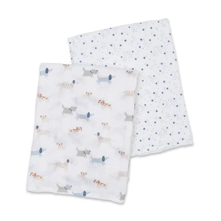 Lulujo Puppy & Stars 2 Pack Cotton Muslin Swaddle Blankets